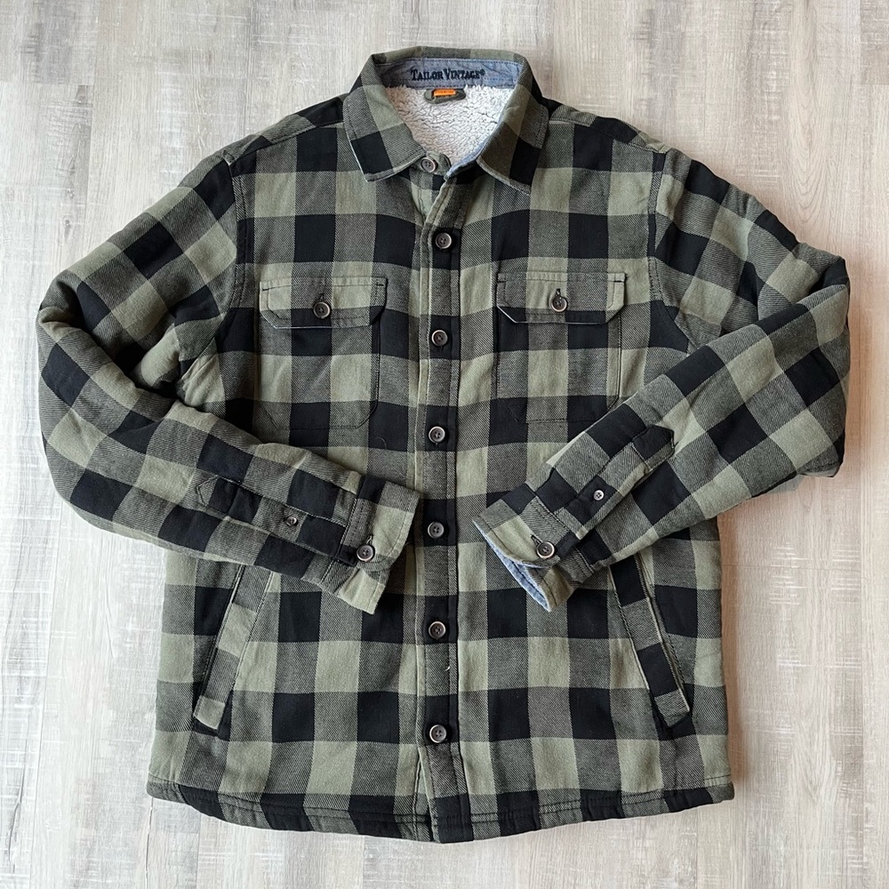 TAILOR VINTAGE Green & Black Sherpa Lined Flannel Shirt Jacket Size Small
